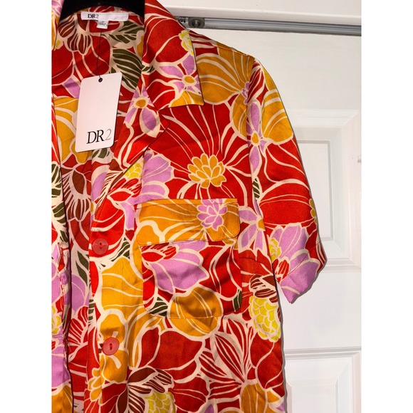 DR2 Floral Print Button‎ Down Short Sleeve Shirt - Red, Yellow, Pink - M - Picture 6 of 7